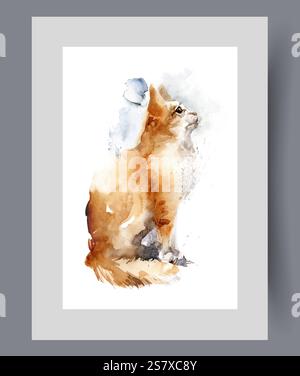 Chat rouge avec queue moelleuse assis sur le sol et regarde vers le haut sur le mur suspendu Illustration aquarelle Illustration de Vecteur