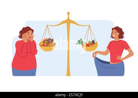 Manger sain a aidé la femme à perdre du poids, debout près de libra avec de la malbouffe et des fruits utiles Illustration de Vecteur