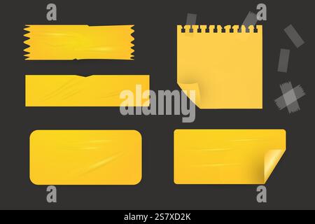 Illustration réaliste vectorielle d'autocollants rectangulaires carrés blancs , ensemble de ruban scotch jaune, collant Illustration de Vecteur