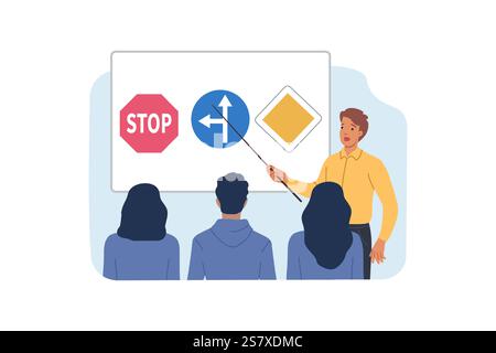 Leçon d'auto-école avec des gens apprenant les règles de la route, et professeur démontrant les panneaux de virage Illustration de Vecteur