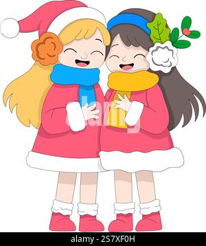 Une illustration colorée de deux filles joyeuses habillées dans des tenues d'hiver lumineuses, y compris des foulards manteaux roses et des accessoires de fête tels que holly et Illustration de Vecteur