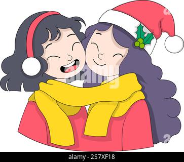 Une illustration joyeuse de deux filles vêtues de vêtements chauds d'hiver, y compris des cache-oreilles, des foulards et un chapeau de Père Noël avec décoration houx Illustration de Vecteur