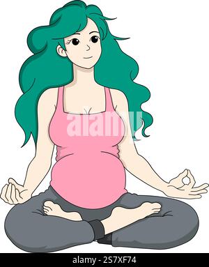 Un dessin animé vibrant d'une femme enceinte avec des cheveux sarcelle méditant dans une pose de yoga Illustration de Vecteur