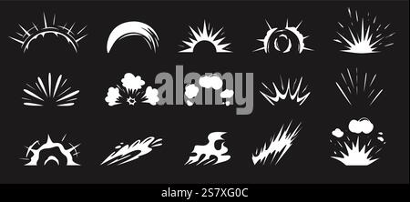 Formes d'explosion de surface de dessin animé. Icônes d'éclatement explosives, explosion dynamique avec nuage de fumée, éclaboussure de puissance et symboles d'impact stencil silhouettes vecteur se Illustration de Vecteur