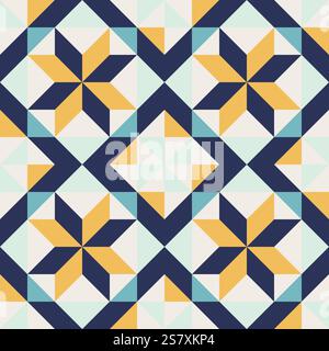 Motif géométrique avec des accents bleus et jaunes, motifs répétitifs sans couture, style d'art vectoriel, formes simples, blocs de couleur plats, design rétro Illustration de Vecteur