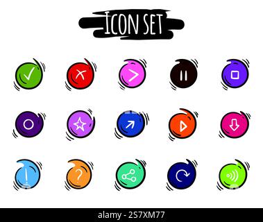 Ensemble vectoriel lumineux de boutons colorés ronds avec des symboles, des flèches, des signes et des formes. Icônes dessinées à la main simples Illustration de Vecteur
