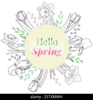 Modèle de carte de bordure de cadre de fleurs Hello Spring Illustration de Vecteur