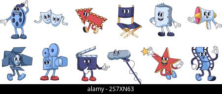 Mascottes de cinéma groovy. Studios de cinéma, personnages de tournage et de production cinématographique. Ensemble d'illustrations vectorielles isolées de style de tuyau en caoutchouc de dessin animé rétro. Illustration de Vecteur