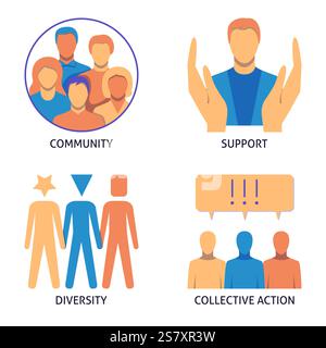 Jeu d'icônes plat de la communauté. Travail d'équipe et coopération, soutien, action collective, tolérance. Illustration vectorielle Illustration de Vecteur