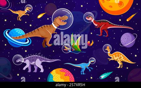 Les astronautes dinosaures de dessins animés portant des casques explorent une galaxie remplie de planètes, de comètes et d'étoiles. Vecteurs animaux dinosaures préhistoriques dans un espace fantaisiste Illustration de Vecteur