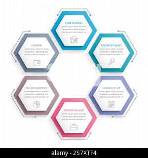 Modèle d'infographie avec six hexagones avec des icônes de ligne, diagramme de processus, infographies commerciales créatives, illustration vectorielle eps10 Illustration de Vecteur