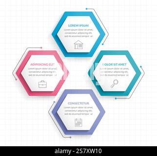 Modèle d'infographie avec quatre hexagones avec des icônes de ligne, diagramme de processus, infographies commerciales créatives, illustration vectorielle eps10 Illustration de Vecteur