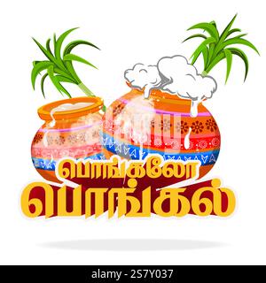 Illustrations vectorielles d'une conception traditionnelle de célébration de Pongal avec des pots décorés et de la canne à sucre, idéal pour les cartes de vœux, les conceptions culturelles et har Illustration de Vecteur