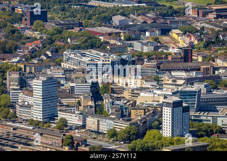 Vue aérienne, vue sur la ville avec le quartier des affaires Husemann Karree (Viktoria Karree), vue de la gare centrale et de l'hôtel Mercure TW Lueg Europa Banque D'Images