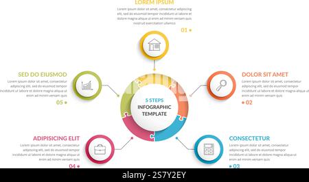 Modèle infographique de cercle avec puzzle rond avec cinq étapes ou options, diagramme de processus, infographies commerciales créatives, illustration vectorielle eps10 Illustration de Vecteur