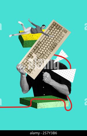 Modèle de collage d'illustration de tendance composite de jeune homme sans tête clavier entrepreneur travailleur d'emploi embauchant vacance jeune femme mouche touches tactiles Banque D'Images