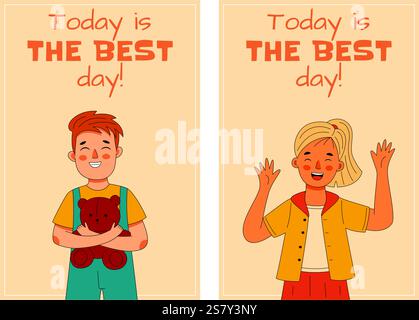 Un petit jeu de cartes mettant en vedette des enfants joyeux garçon et fille, avec le message aujourd'hui est le meilleur jour Illustration de Vecteur