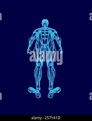 Image bleue d'un homme avec ses jambes écartées. L'homme porte une chemise bleue et a un fond bleu. L'image a une sensation futuriste et de science-fiction Illustration de Vecteur