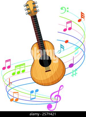 Guitare entourée de notes de musique vibrantes et tourbillonnantes Illustration de Vecteur