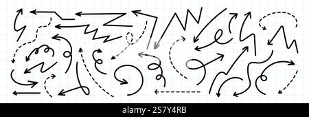 Ensemble de lignes simples dessinées à la main flèches noires dans divers styles. Simple pack de flèches noires dessinées à la main. lignes simples dessinées à la main flèches noires. Illustration de Vecteur