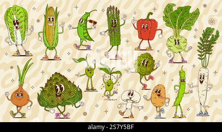 Caractères végétaux rétro groovy de la nourriture agricole vectorielle. Dessin animé hippie poivre, oignon, maïs et champignons, olives, haricots et pois. Vintage groovy napa taxi Illustration de Vecteur