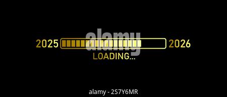 Barre de chargement dorée 2025 à 2026 sur fond noir. Concept du nouvel an. Illustration vectorielle. Illustration de Vecteur