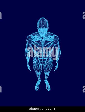Image bleue d'un homme avec un corps musclé. L'homme est debout au milieu de l'image et porte une chemise bleue. L'image a un futuriste et R Illustration de Vecteur