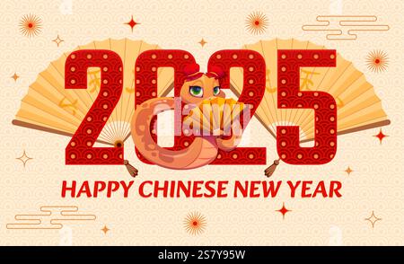 Joyeuse bannière du nouvel an chinois avec serpent mignon tenant un ventilateur entouré de fans traditionnels, numéro rouge, motif géométrique et étincelles, rayonne des pros Illustration de Vecteur