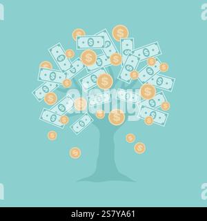 Arbre d'argent avec des billets de banque et des pièces d'or sur elle sur un fond vert. Illustration vectorielle plate Illustration de Vecteur