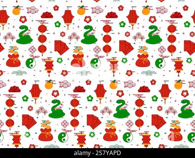 Motif sans couture sur le thème du nouvel an chinois avec des serpents verts et des éléments festifs sur fond transparent. Nouvel an chinois 2025, l'année du Snak Illustration de Vecteur