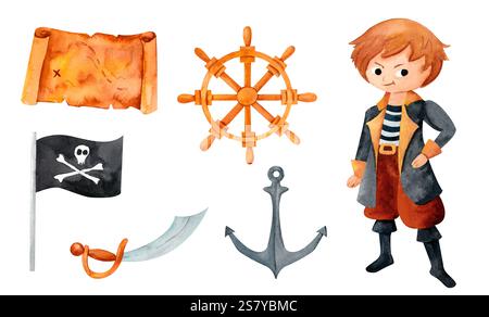 Ensemble pirate avec garçon, sabre, vieille carte au trésor, ancre, roue de navire, et Jolly Roger drapeau, illustration aquarelle parfaite pour les livres d'aventure, pirate-th Banque D'Images