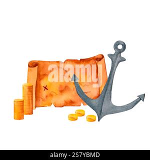 Ancre, roue de navire, carte au trésor et pièces d'or étincelantes, évoquant l'esprit de l'aventure nautique. Illustration aquarelle pour un décor sur le thème maritime Banque D'Images