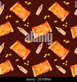 Une carte au trésor altérée, une bouteille avec une note secrète et des pièces d'or créent un motif pirate captivant. Ce motif aquarelle est parfait pour adve Banque D'Images