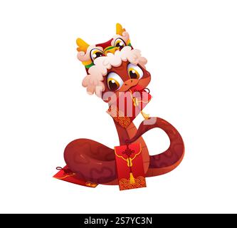 Personnage de serpent d'horoscope asiatique de dessin animé avec des enveloppes rouges de cadeau de vacances du nouvel an chinois. Calendrier lunaire zodiaque animal vecteur personnage de serpent mignon Illustration de Vecteur