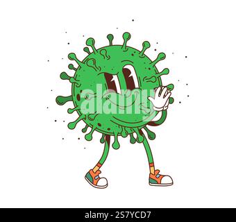 Dessin animé groovy virus médecine et caractère de santé avec visage joyeux et baskets hippie. Vecteur ludique de bactéries vertes, cellule germinale ou coronavirus, Re Illustration de Vecteur
