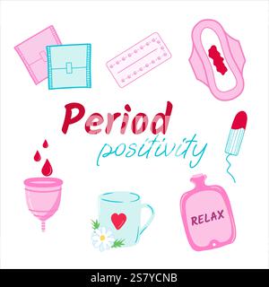 Concept de positivité d'époque avec des articles d'hygiène féminine et des symboles de relaxation. Icônes de période menstruelle définies Illustration de Vecteur