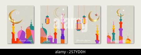 Ramadan Kareem 2025 vector set carte colorée. Demi-lune d'or sur fond étoilé. Affiche de vacances moderne, mosquée symbole islamique, lanternes. Musulman Illustration de Vecteur