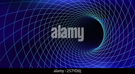 Tunnel vortex temporel avec lignes de grille lumineuses géométriques illuminées indiquant un voyage dans le temps et l'espace. WORMOHO filaire abstrait dynamique vectorielle Illustration de Vecteur