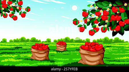 Une récolte abondante de pommes dans un cadre de campagne pittoresque. Illustration de Vecteur