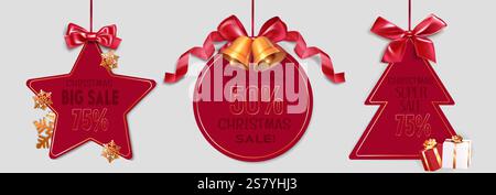 Collection rouge d'étiquettes de vente de Noël avec des noeuds en satin or élégants, des cloches dorées métalliques, des flocons de neige décoratifs, des boîtes-cadeaux emballées. Étiquettes de rabais saisonnières festives en forme d'étoile, de cercle, d'arbre. Illustration de Vecteur