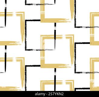 Motif sans couture créé avec des coups de pinceau dans un style grunge. Répétitions de formes grunge carrées de couleur or, noir et blanc. Parfait pour le design textile, Illustration de Vecteur