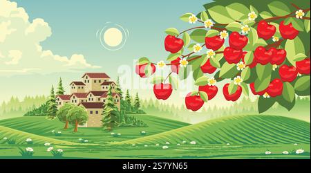 Beau paysage rural avec des pommiers rouges, des collines ondulantes et un village pittoresque au loin. Illustration de Vecteur