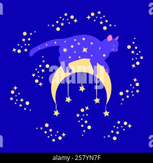 Chat mystique dans le style boho entouré d'étoiles, signes du zodiaque, balles, empreintes de pattes, collection de silhouette. Ésotérisme et mysticisme, occultisme. Dessin animé Illustration de Vecteur