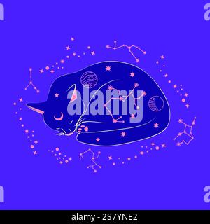 Chat mystique dans le style boho entouré d'étoiles, signes du zodiaque, balles, empreintes de pattes, collection de silhouette. Ésotérisme et mysticisme, occultisme. Dessin animé Illustration de Vecteur