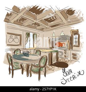 Concept intérieur de salon de style rustique. Un croquis linéaire peint avec des coups de pinceau imprudents. Illustration vectorielle 3D. Pour créer des affiches publicitaires, Illustration de Vecteur