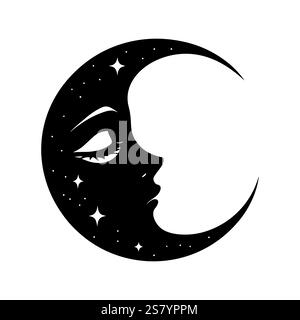 Croissant de lune avec visage féminin. Conception vectorielle de logo ésotérique, impression boho chic, tatouage, affiche Illustration de Vecteur