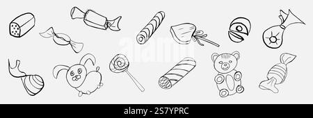 Vecteur de bonbons défini dans le style d'esquisse rapide sur un fond blanc. Pour la publicité, les autocollants, les cartes postales Illustration de Vecteur