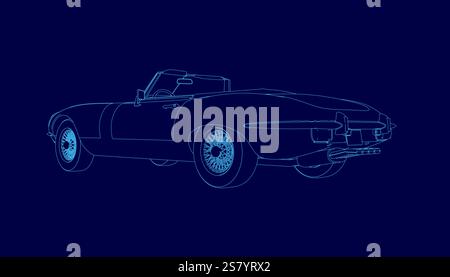 La voiture bleue est montrée dans une image numérique. La voiture est un modèle classique et est montrée de manière stylisée. L'image a une sensation futuriste à elle, avec la voiture A. Illustration de Vecteur