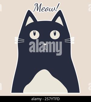 Illustration vectorielle mignonne d'autocollant de chat noir. Icône de personnage Kitty noir et blanc. Animal domestique illustration 2D. Dessin animé Kawaii personnage mignon CA Illustration de Vecteur