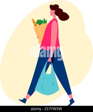 Le client heureux rentre chez lui après avoir fait ses courses au marché local, transportant des légumes frais et du pain dans un sac en papier et un sac à provisions réutilisable Illustration de Vecteur